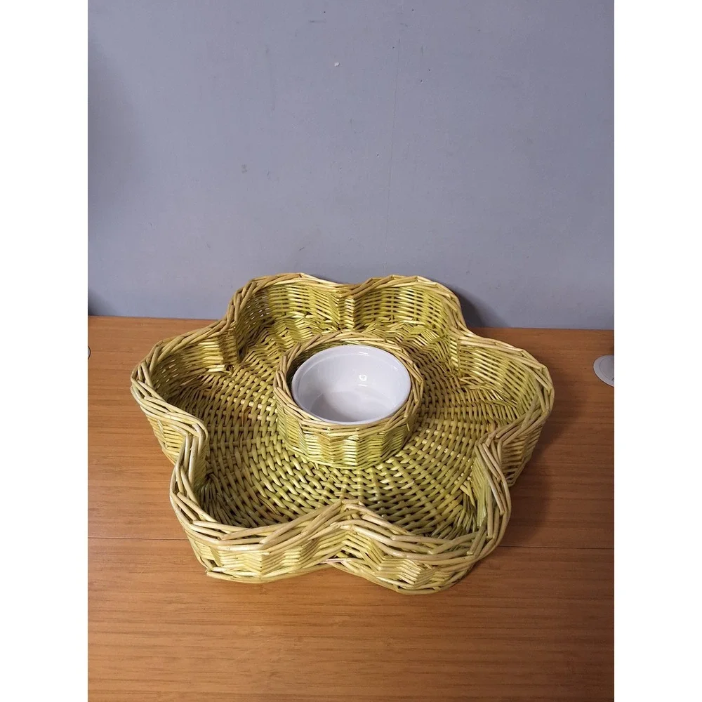 Woven Wicker Flower Chip and Dip Serving Set Lime Green with Ceramic Bowl GVC